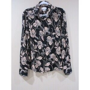 Porter & Ash Button Down Shirt Men Lg Black/Brown Lily Print  4 Way Stretch